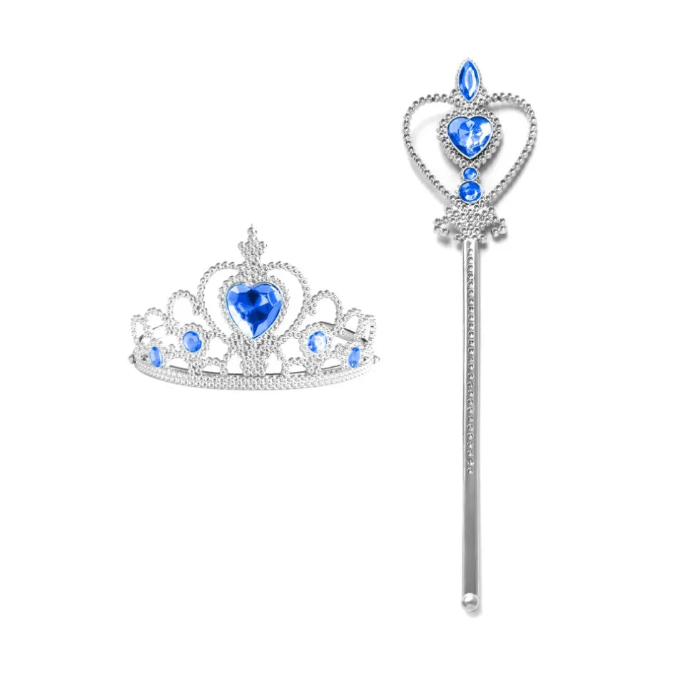 Silver royal crown and scepter set with blue gemstone accents for a dress-up playset