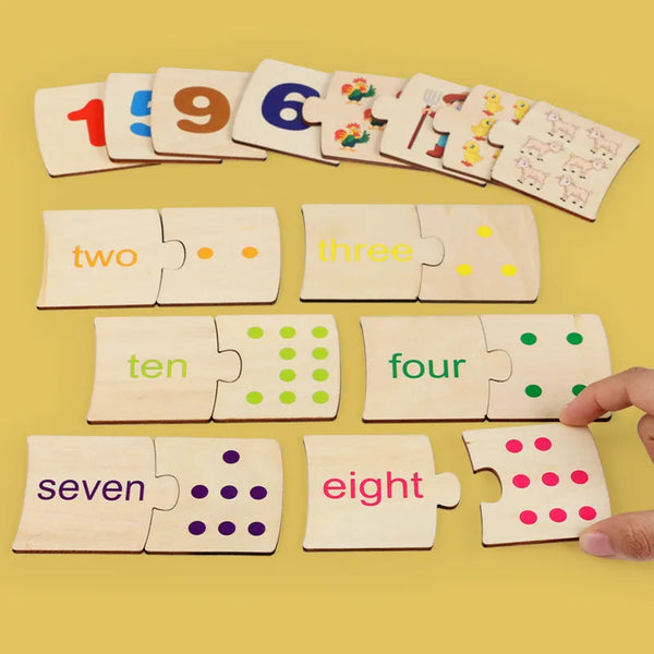 A collection of wooden puzzle pieces forming numbers and words like one through ten arranged on a yellow background.