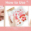 Instructions showing how to use waterproof makeup-themed cup wraps on a glass