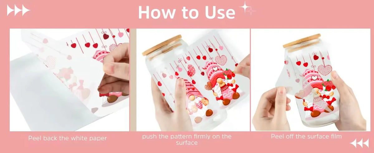 Instructions showing how to use waterproof makeup-themed cup wraps on a glass