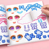 A page from a sticker book featuring various reusable stickers of faces, bows, and other decorative elements for kids