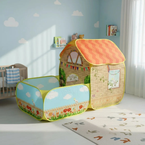 A large pop-up garden play tent with a wooden frame and colorful fabric featuring flowers and clouds.