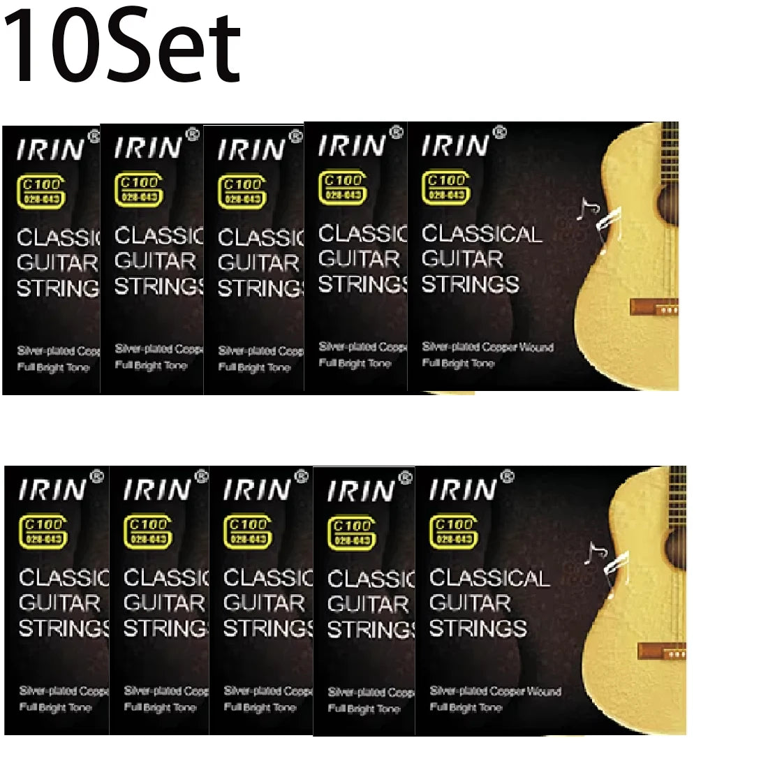 A set of 10 classical guitar strings with silver-plated copper wound strings packaged in black boxes.