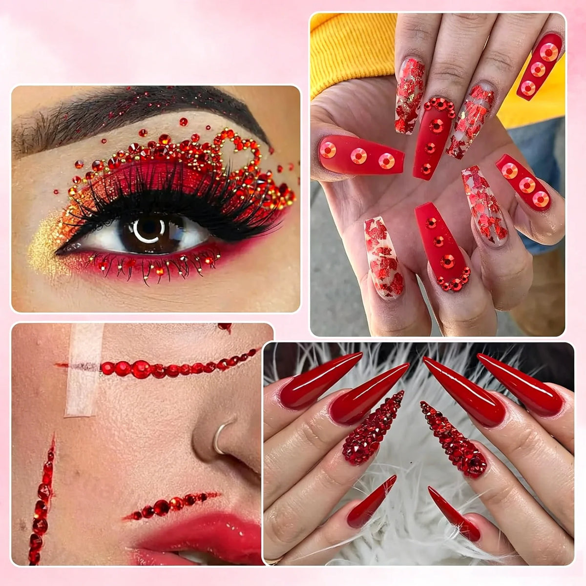 Close-up of hands and face showcasing flatback resin rhinestones used for DIY crafts on nails and makeup