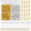 A collection of gold and silver lobster clasps and open jump rings for jewelry making.