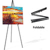 A painting displayed on an adjustable foldable metal easel stand.