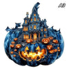 A carved pumpkin Halloween decoration featuring a gothic house and bats.