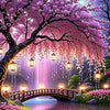 A beautiful painting of a cherry blossom landscape featuring a wooden bridge over water with pink and purple lighting.