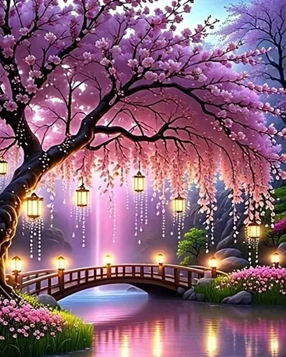 A beautiful painting of a cherry blossom landscape featuring a wooden bridge over water with pink and purple lighting.