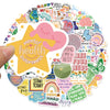 A colorful circle of mental health awareness stickers featuring positive affirmations and supportive messages.