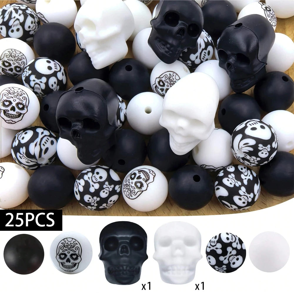 A set of 25 silicone beads shaped like skulls and skeletal features in black and white for jewelry and crafting.