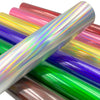 Rolls of glitter, holographic, and laser heat transfer vinyl in various colors and finishes.