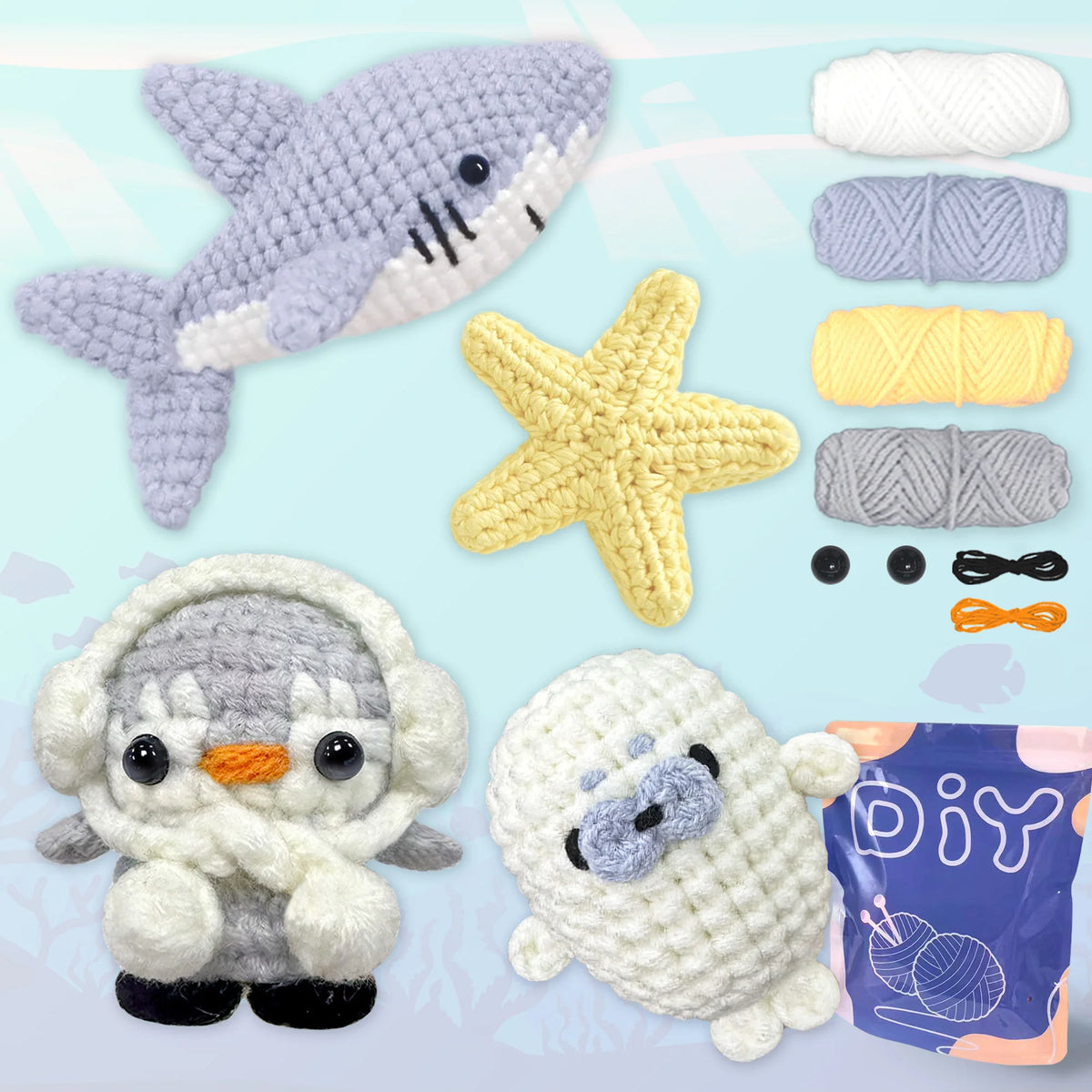 Kit de crochet débutant avec des modèles d'animaux en peluche, comme un requin, une étoile de mer et des créatures mignonnes.
