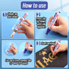 Instructions showing how to use permanent paint markers by shaking and pressing the tip until ink appears