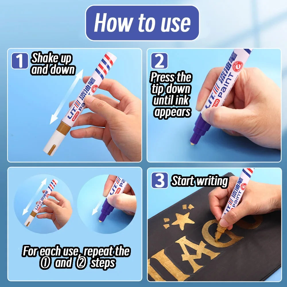 Instructions showing how to use permanent paint markers by shaking and pressing the tip until ink appears