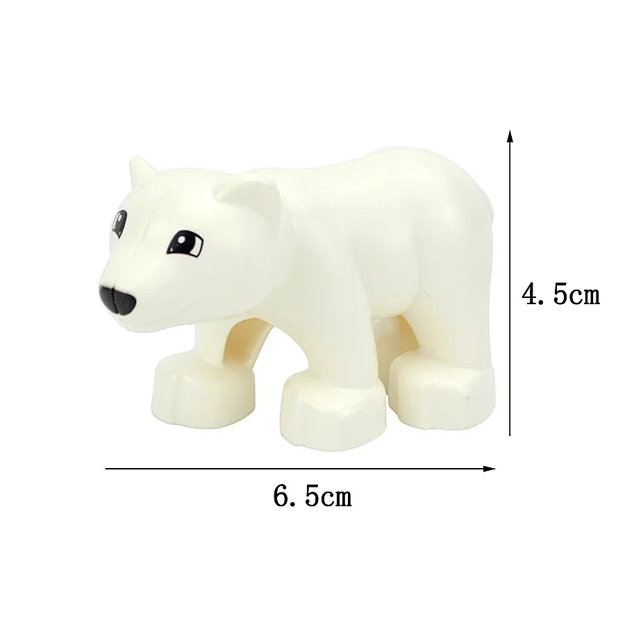 A white plastic lion animal building block with dimensions 4.5cm by 6.5cm.