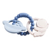 A set of food-grade silicone planet teethers for babies in blue and pink colors.