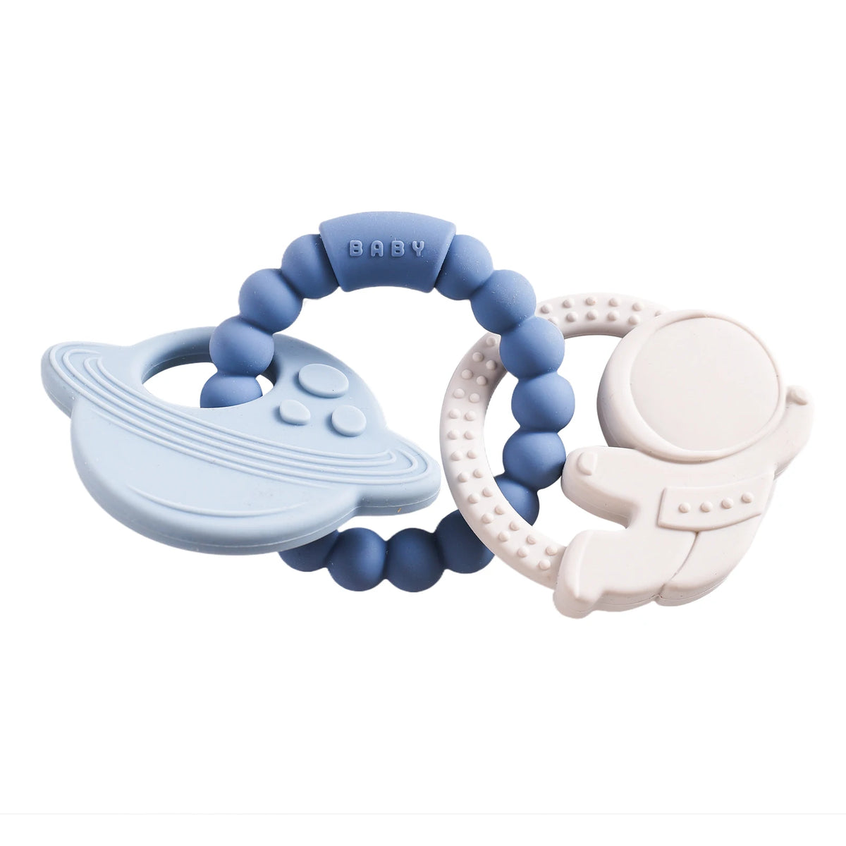 A set of food-grade silicone planet teethers for babies in blue and pink colors.