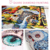 Diamond painting features a colorful landscape and close-up images of an eye and a bird.