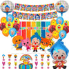 Colorful balloon party decorations featuring clown and circus themes for children's birthdays