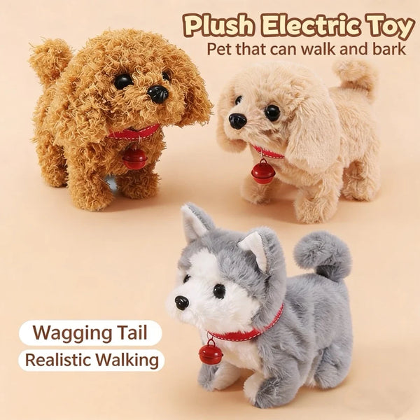 Two plush electric dog toys, one brown and one cream-colored, demonstrating realistic walking and barking features.