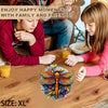 A wooden jigsaw puzzle shaped like an iridescent insect rests on a wooden table with children enjoying a meal.