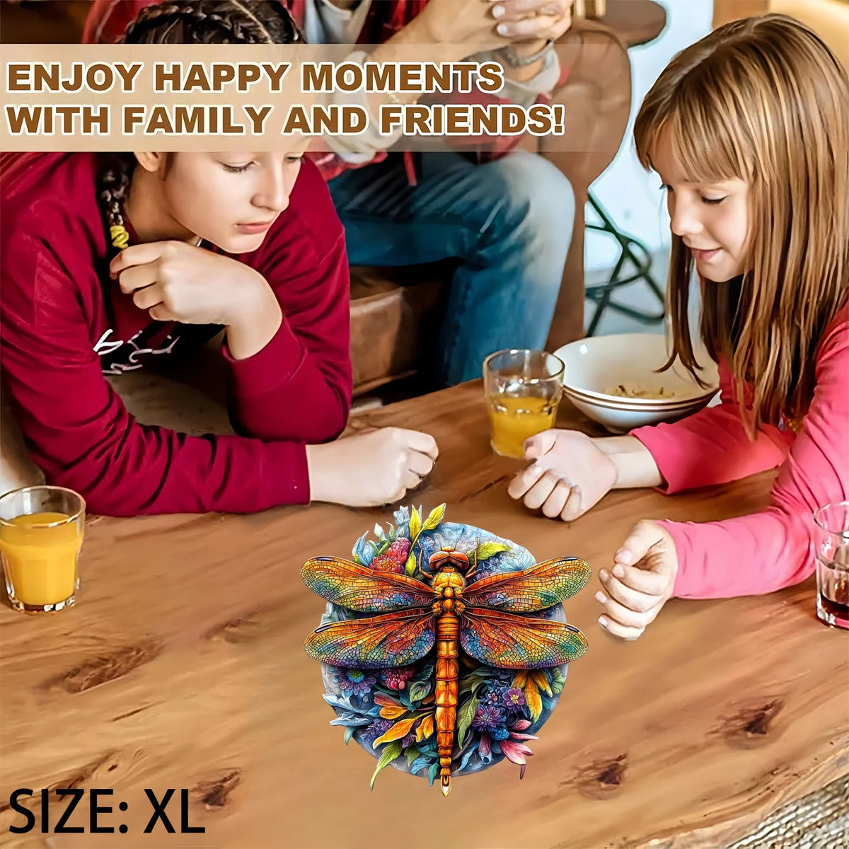 A wooden jigsaw puzzle shaped like an iridescent insect rests on a wooden table with children enjoying a meal.