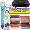 A 3D printing pen with an LCD display and a carrying case, surrounded by various colored PLA filaments.