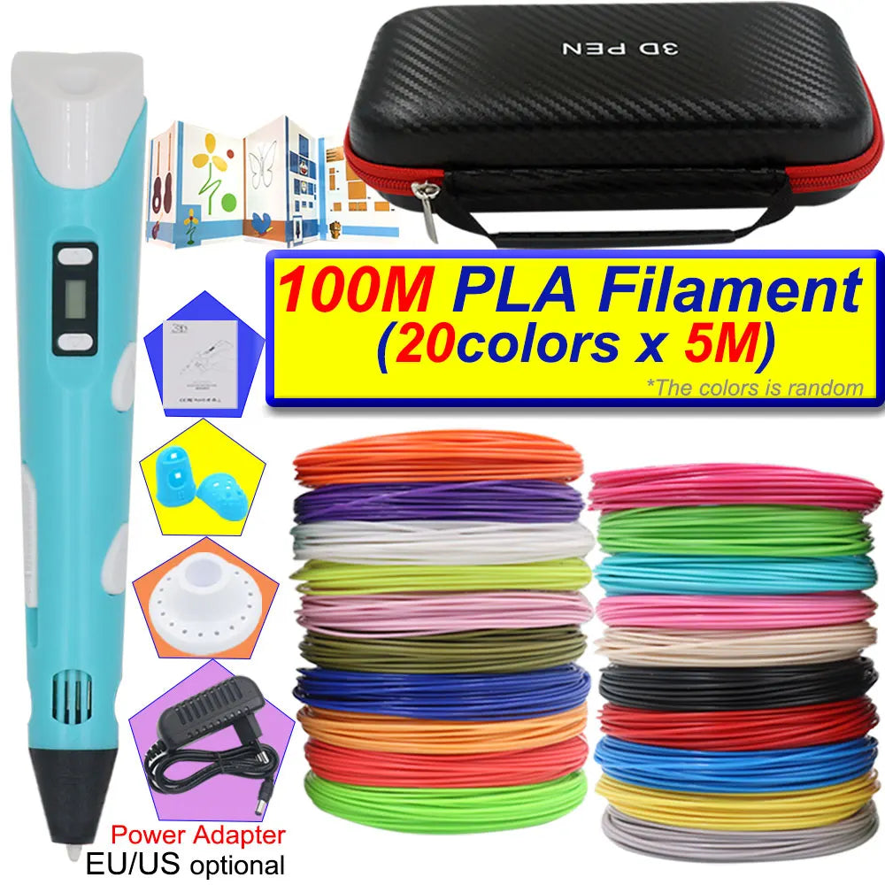 A 3D printing pen with an LCD display and a carrying case, surrounded by various colored PLA filaments.
