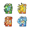 A set of four cartoon enamel pins featuring Pokémon characters, including Charizard and Pikachu.