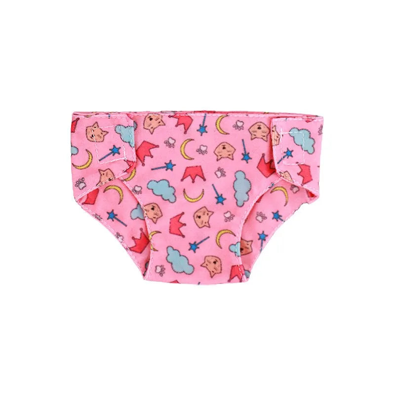 Pink soft doll underwear featuring a pattern of stars, moons, and clouds