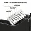 A white mini piano with 15 keys and various switches is shown inside a black zippered pouch.