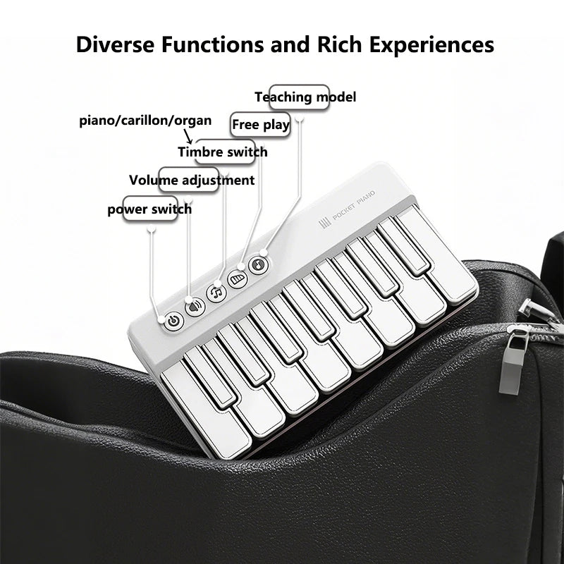 A white mini piano with 15 keys and various switches is shown inside a black zippered pouch.