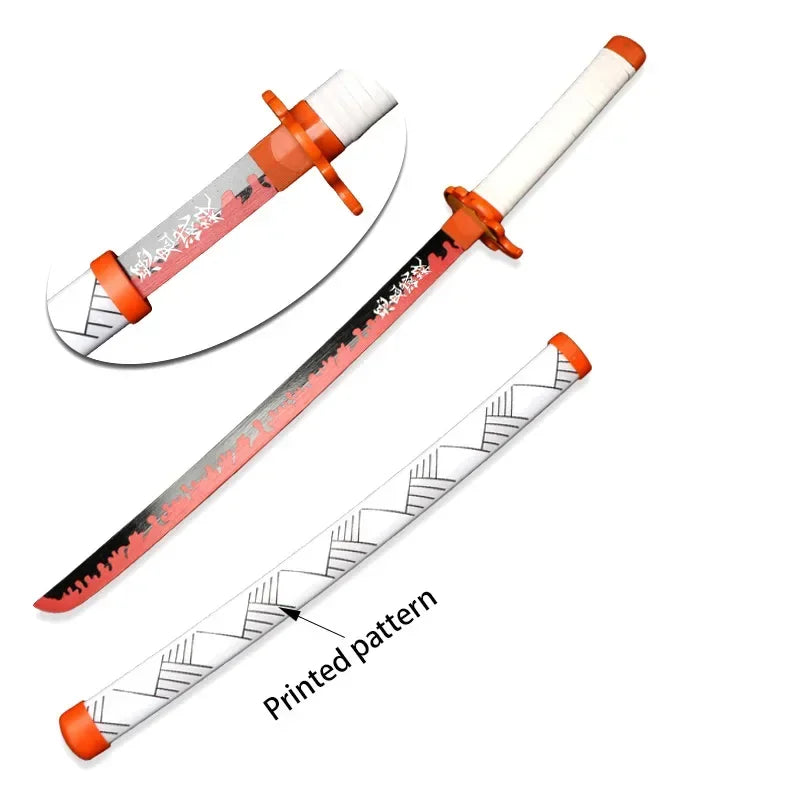 A replica Demon Slayer Tanjiro Katana sword with an orange handle and white blade featuring a printed pattern.