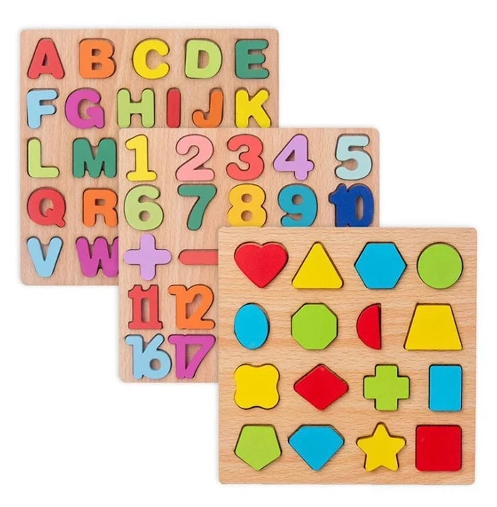 A wooden geometry puzzle set featuring letters, numbers, and shapes for early learning.