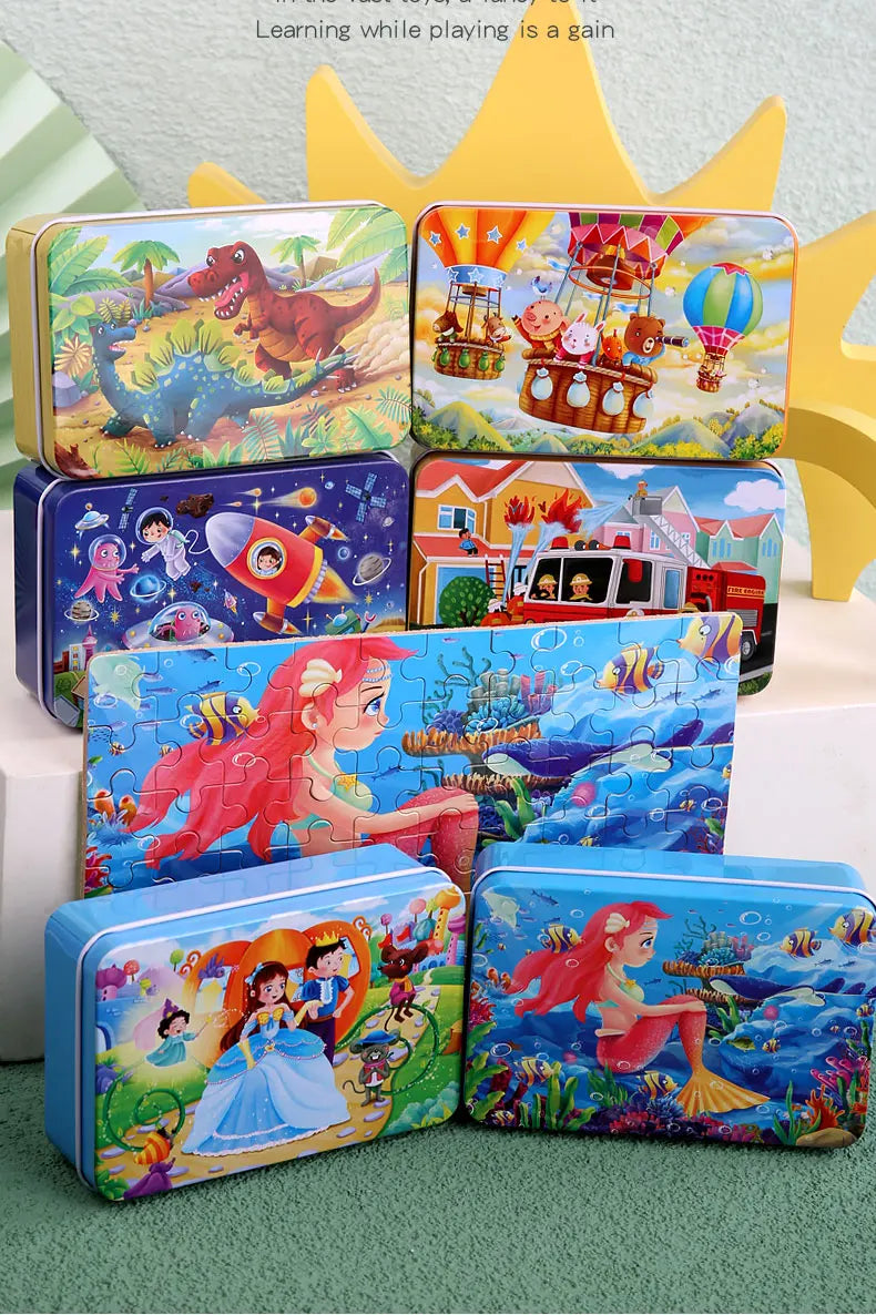 A set of 60 wooden animal and vehicle jigsaw puzzles for kids featuring colorful illustrations.