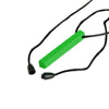 A green silicone chew necklace with black cord and a small connector.