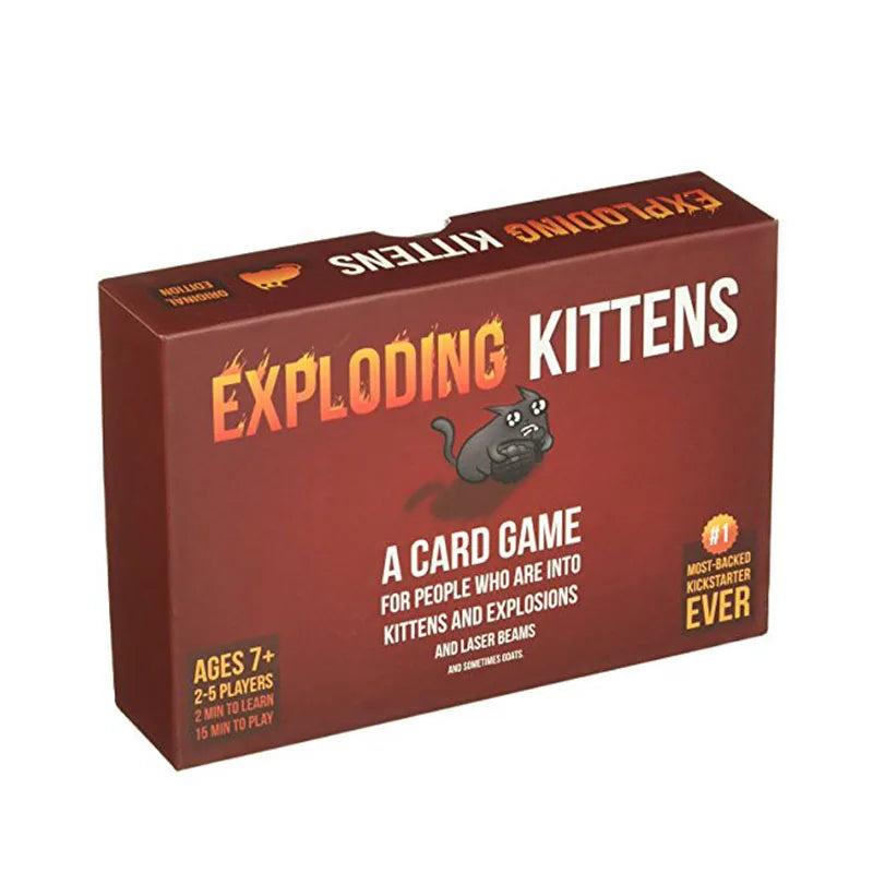 Box of the card game Exploding Kittens featuring a black kitten illustration.