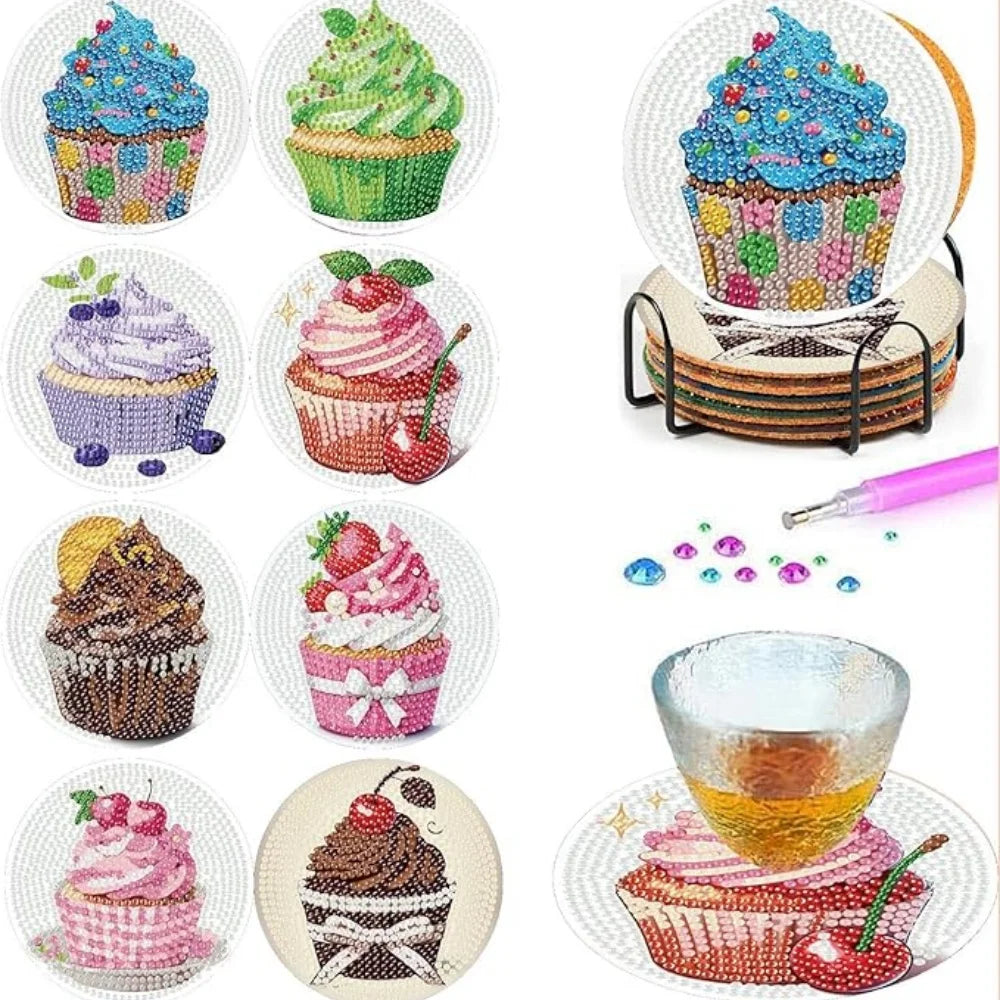 An 8-piece diamond painting set featuring various cupcake designs in colorful frosting and decorations.