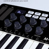 A close-up view of an eight assignable encoder MIDI keyboard with various buttons and a white key layout.