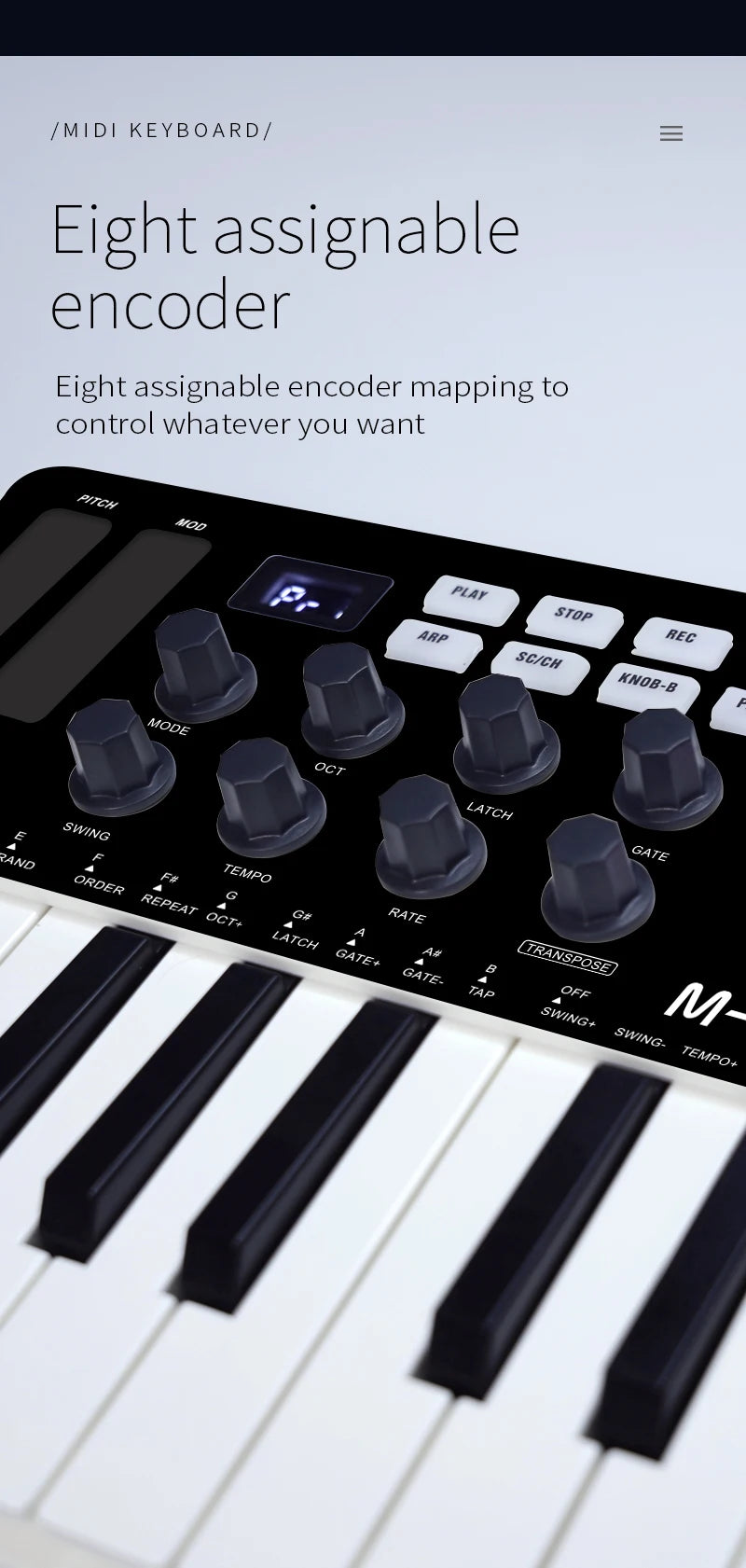 A close-up view of an eight assignable encoder MIDI keyboard with various buttons and a white key layout.
