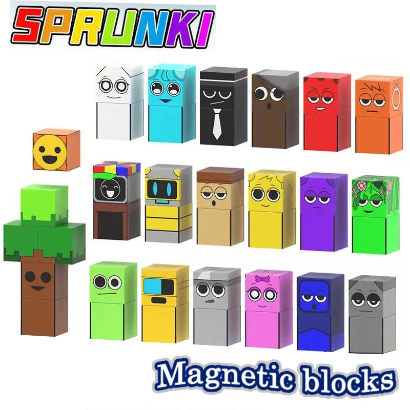 A set of magnetic building blocks featuring various facial expressions and colors for kids' STEM learning.