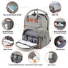 Grauer faltbarer Rucksack/Windelbeutel mit verschiedenen Taschen wie Mommy-Tasche, Flaschenwärmer, Wipes-Tasche und USB-Ansch