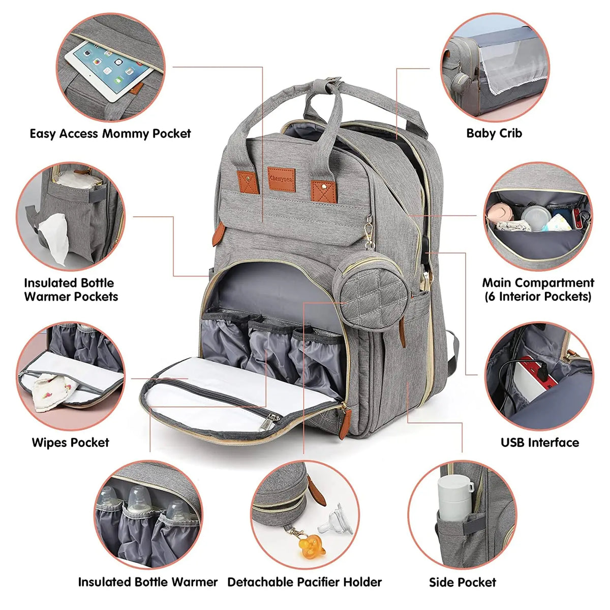 Gray multifunctional diaper bag backpack featuring various pockets including a mommy pocket, bottle warmer, wipes pocket, and