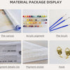 Material package display showing canvas, acrylic pigment, brush, pigment details list, pigment sticker, and hook.