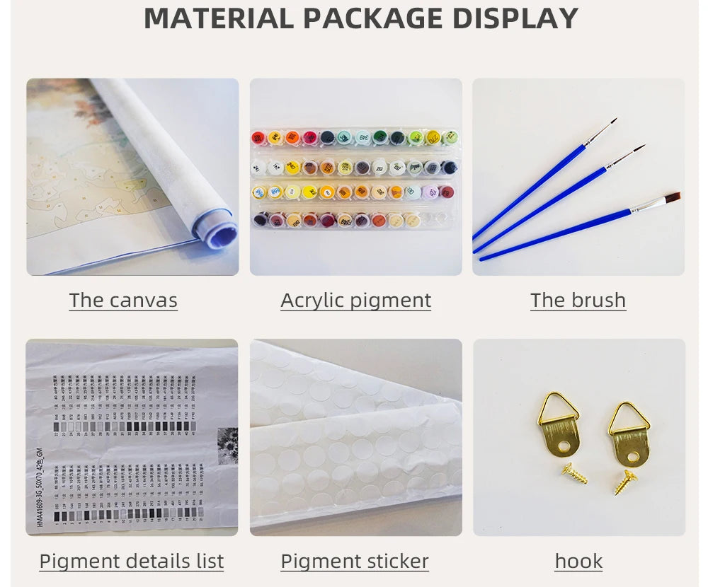 Material package display showing canvas, acrylic pigment, brush, pigment details list, pigment sticker, and hook.