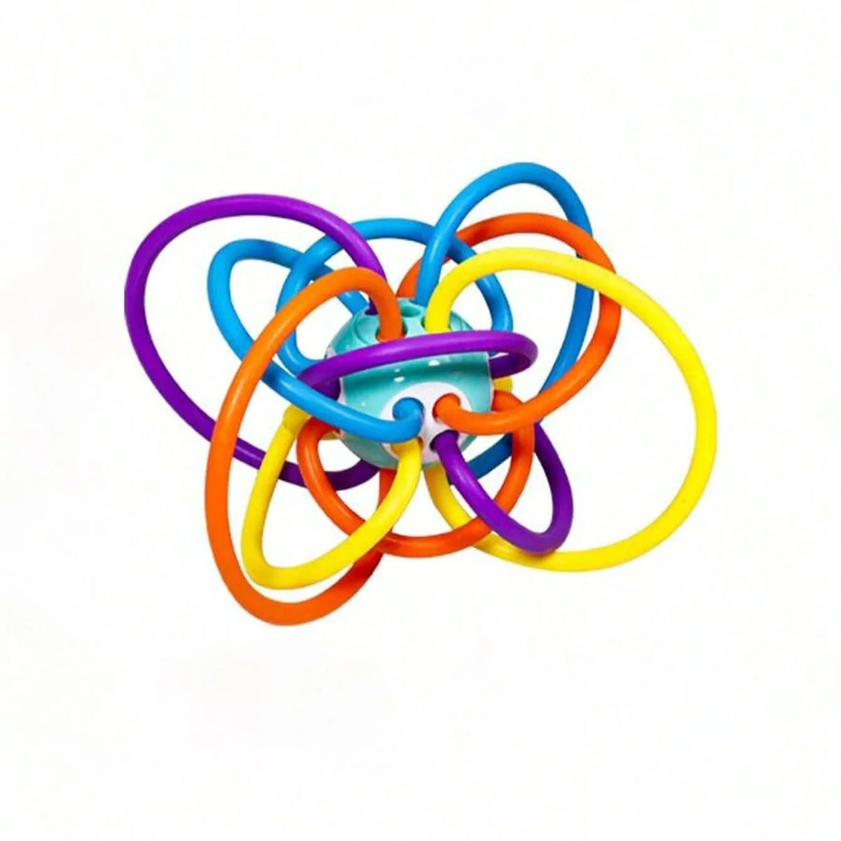 A colorful pull-string sensory toy made of silicone for baby teething.