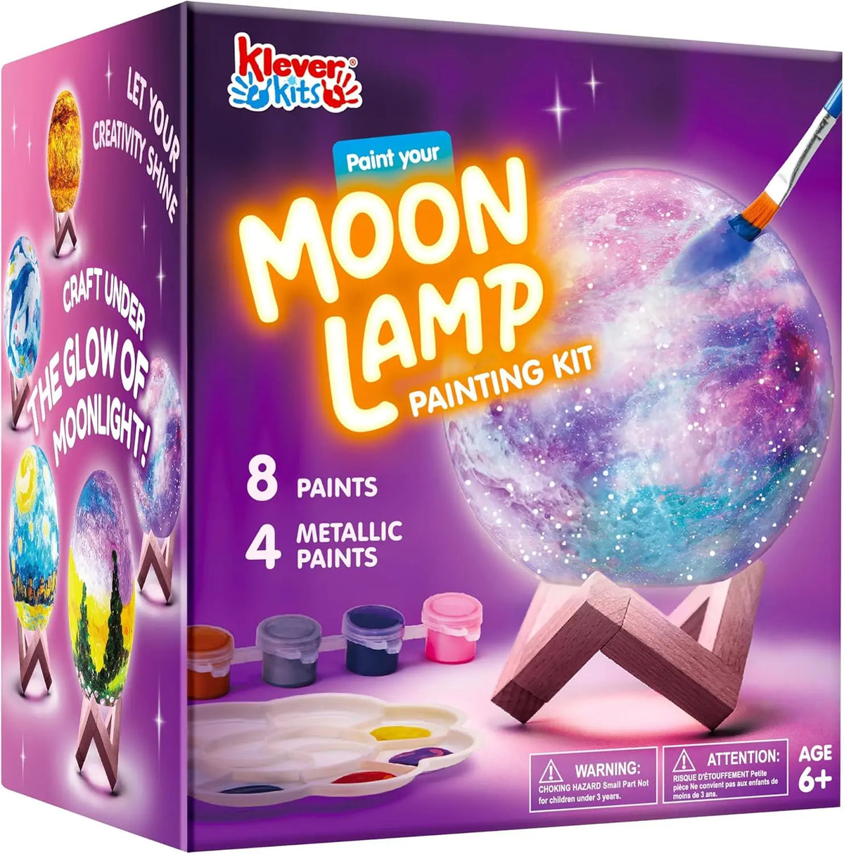 A box for a Moon Lamp painting kit containing 8 paints, 4 metallic paints, and tools for creating a glow-in-the-dark moon eff