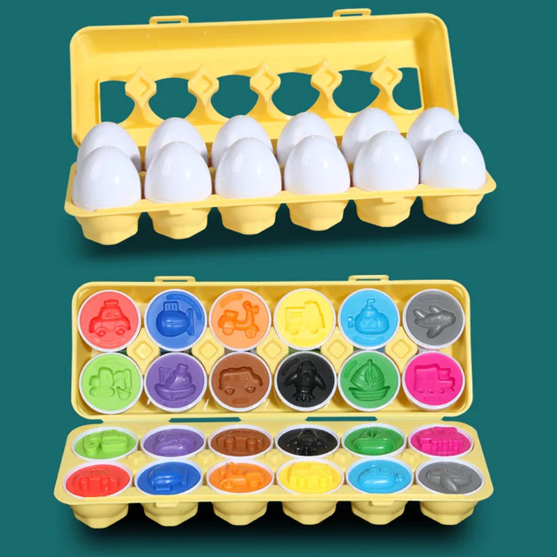 A yellow plastic egg sorter with multiple compartments for sorting and sensory play.