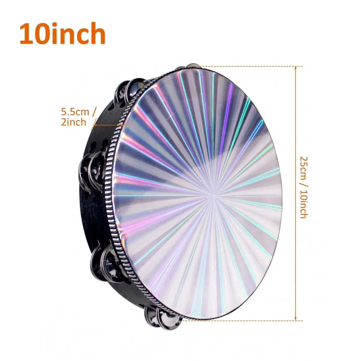 A 10-inch double row radiant tambourine percussion instrument shown from the top view.